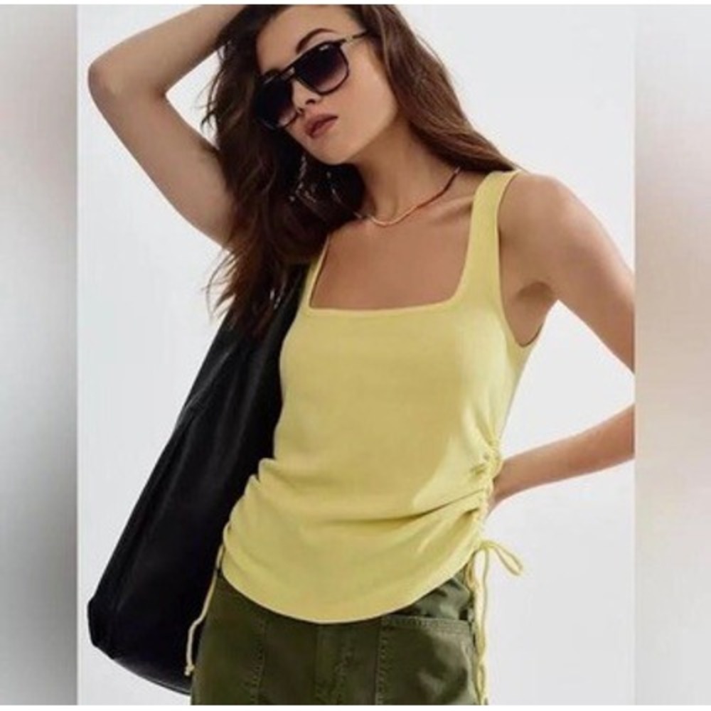 Pilcro Yellow Ribbed Square Neck Cinched Side Tie Tank Top Small NWT